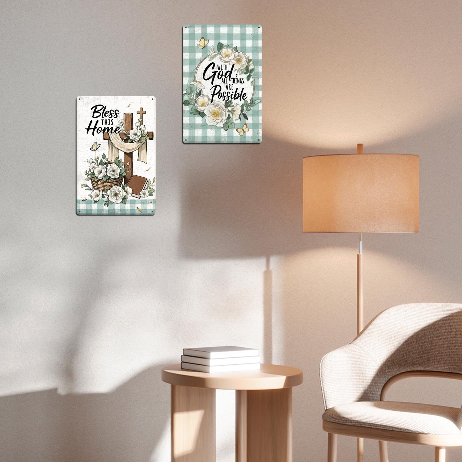Christian Home Decor Metal Sign Set, Green Checkered Floral Art