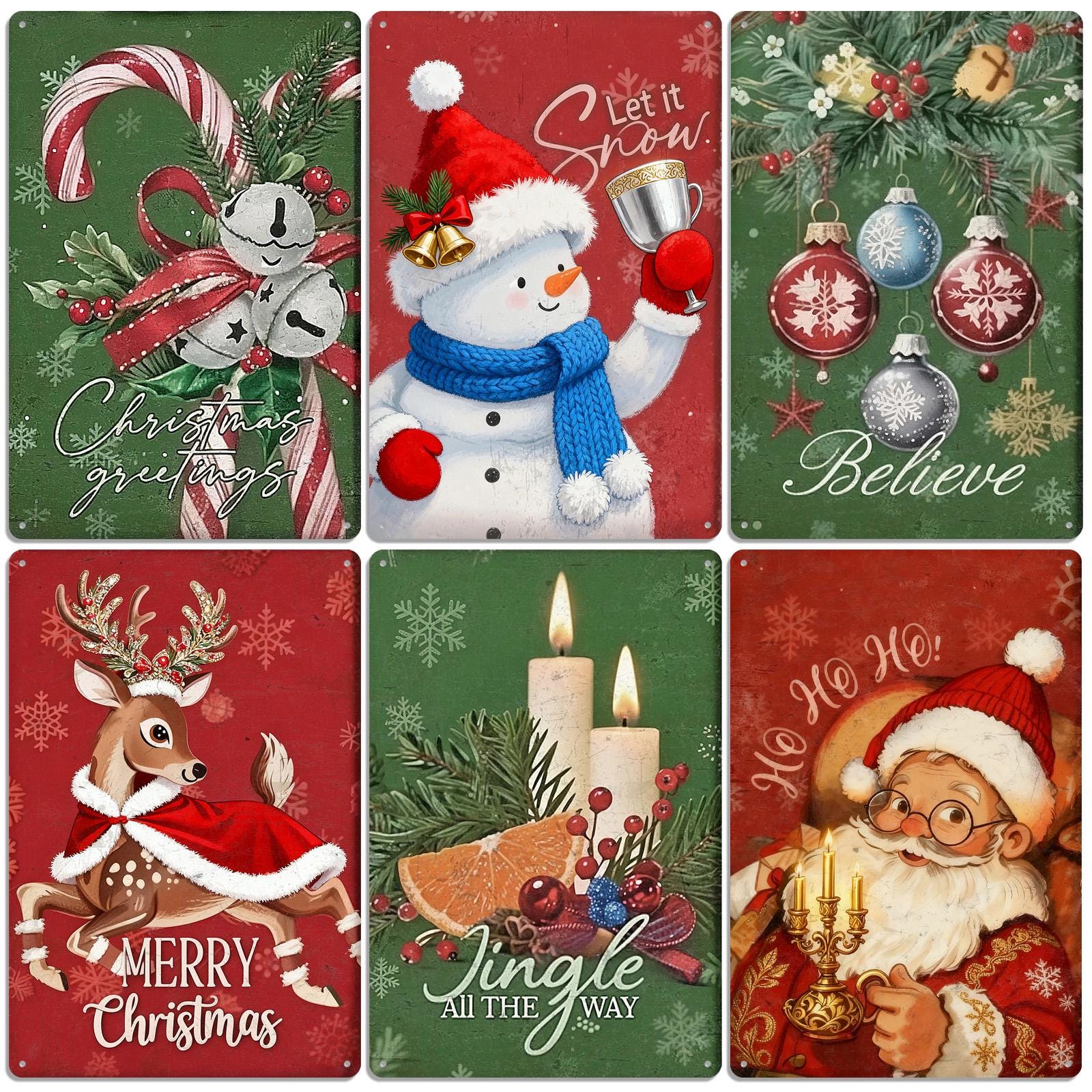 Vintage Christmas Metal Sign: Snowman, Santa, Reindeer Ornaments