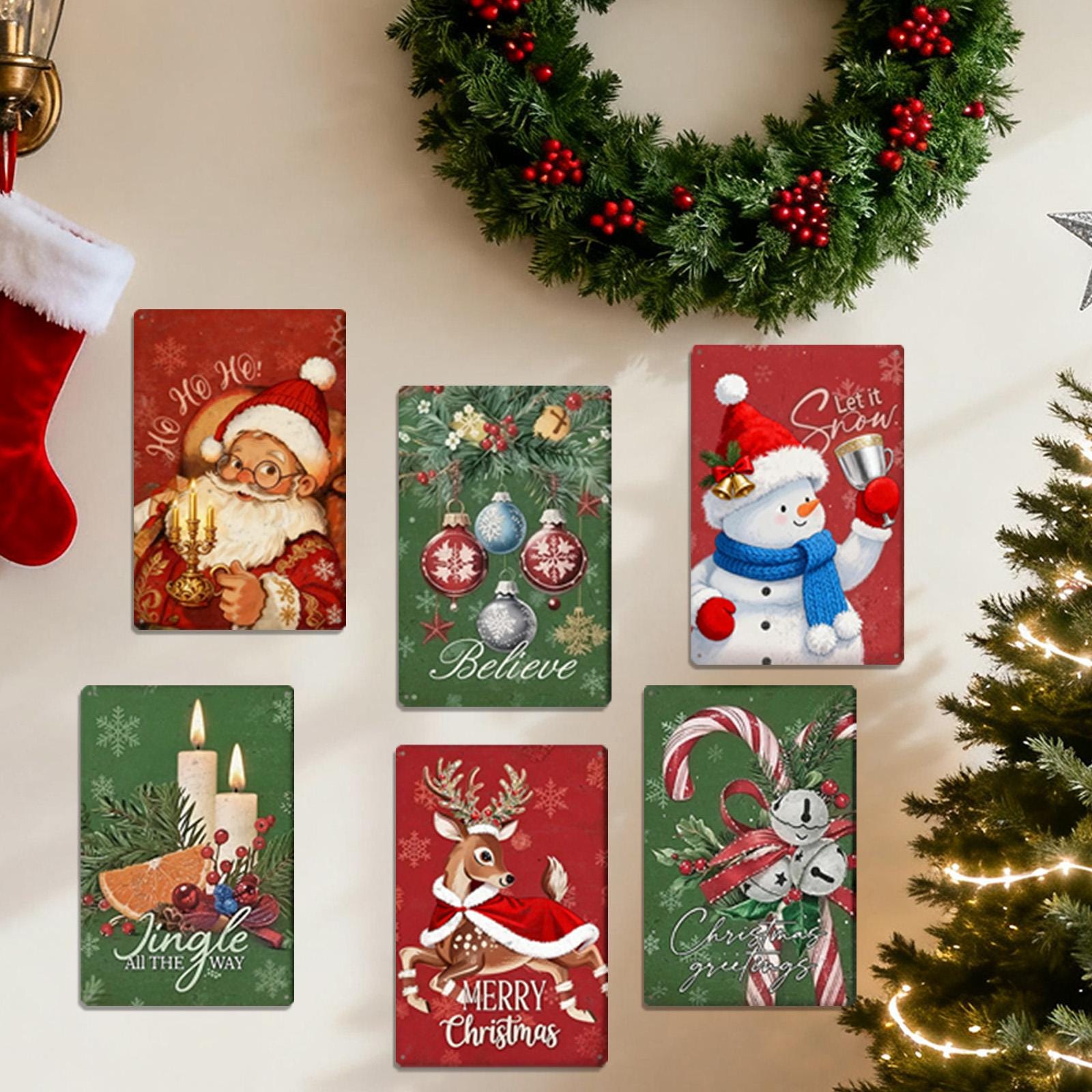 Vintage Christmas Metal Sign: Snowman, Santa, Reindeer Ornaments