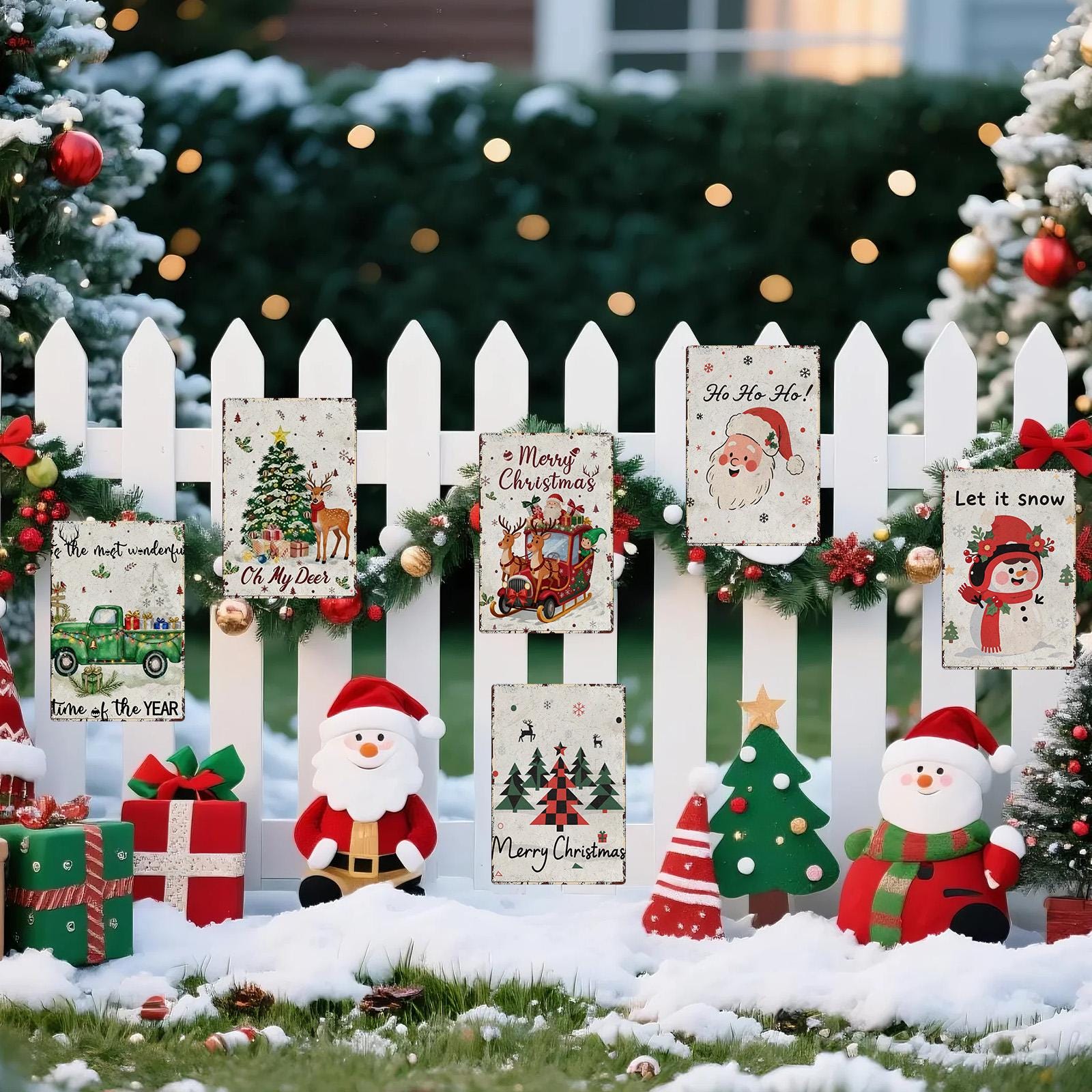 Festive Christmas Tree, Santa, Truck Tin Sign Set