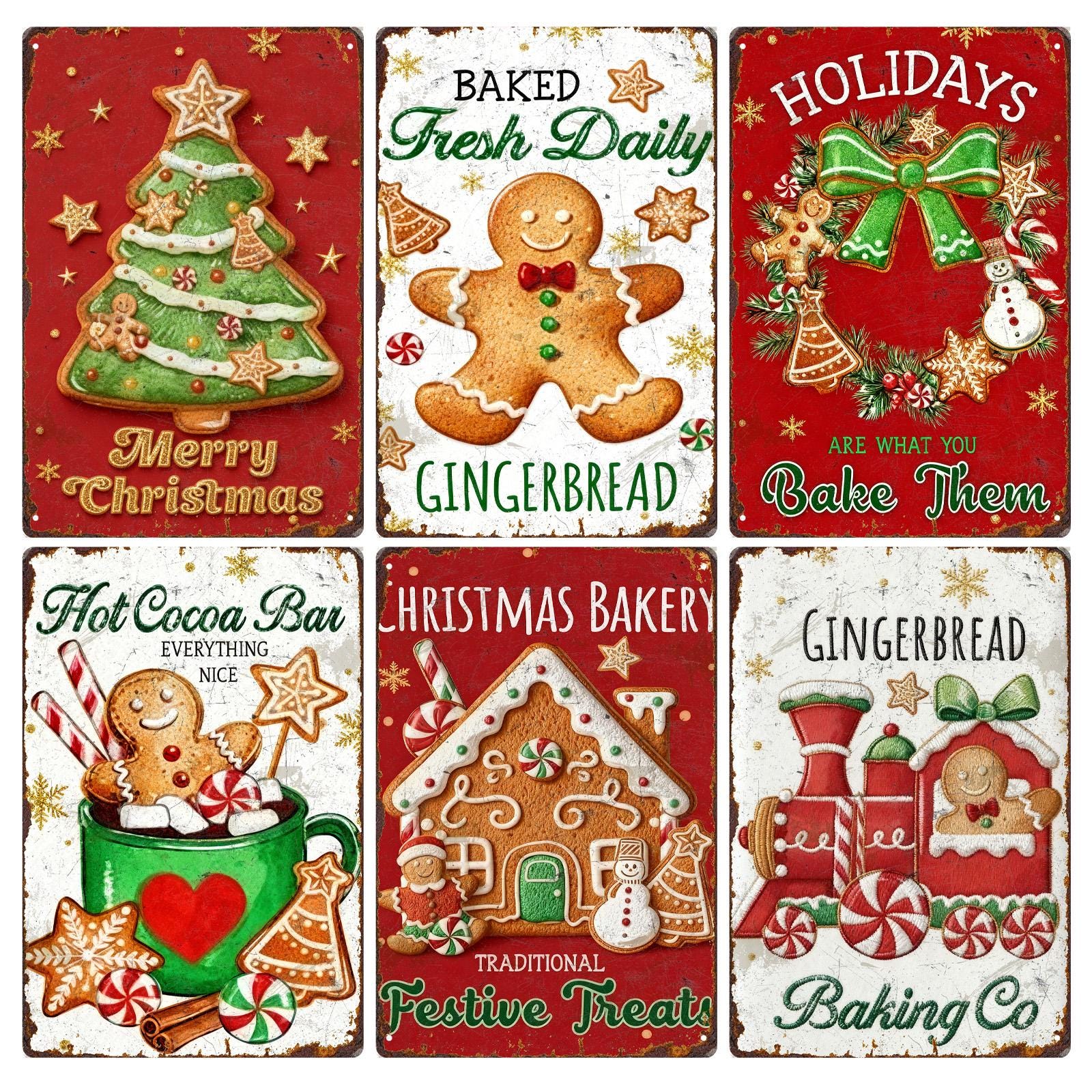 Christmas Metal Sign Set: Gingerbread, Cocoa, Tree (Set of 6)