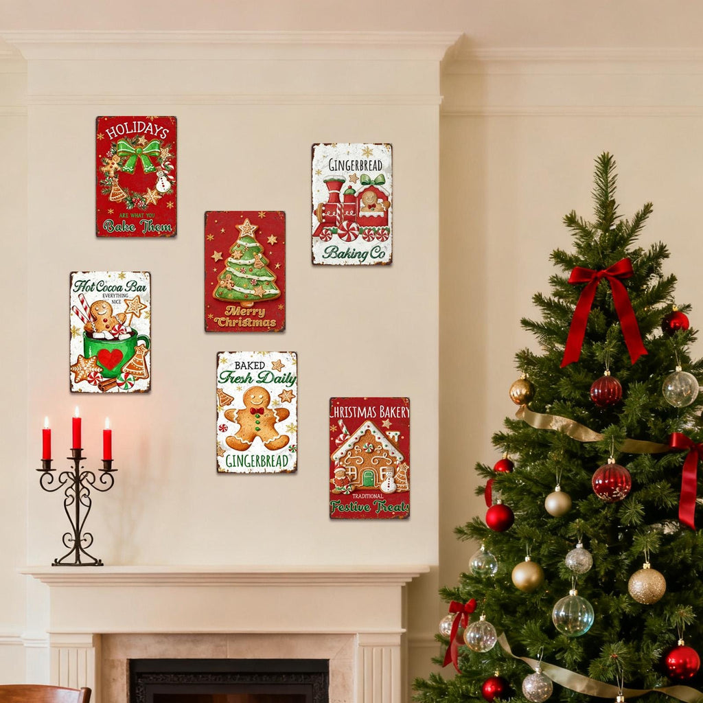 Christmas Metal Sign Set: Gingerbread, Cocoa, Tree (Set of 6)