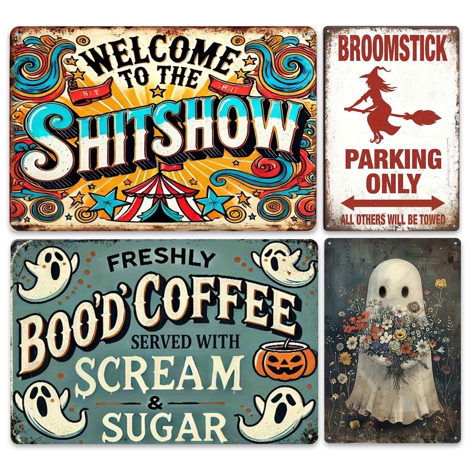 Retro Metal Sign Set: Funny Halloween & Coffee Wall Decor