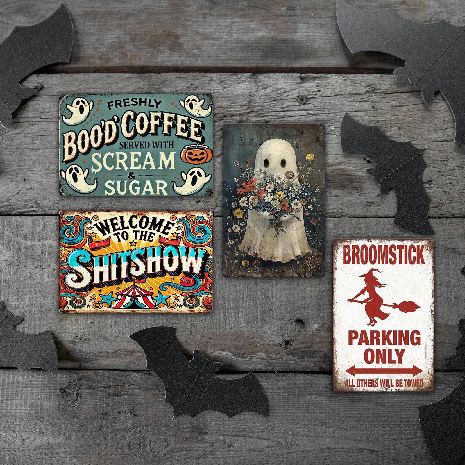 Retro Metal Sign Set: Funny Halloween & Coffee Wall Decor