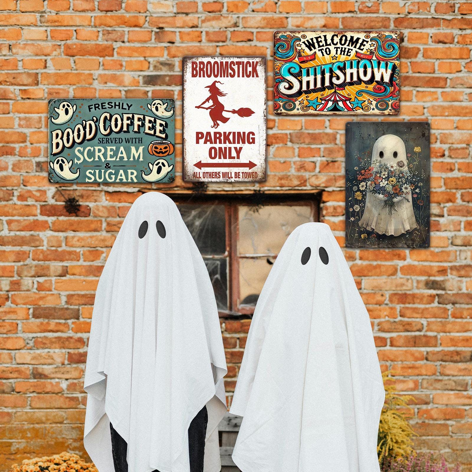 Retro Metal Sign Set: Funny Halloween & Coffee Wall Decor