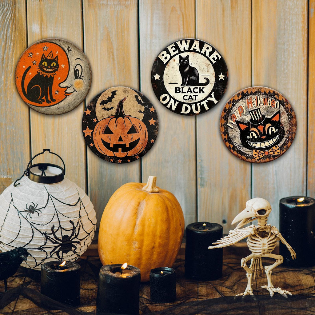 Halloween Metal Sign Set: Black Cat, Pumpkin, Moon (8x8 Inch)