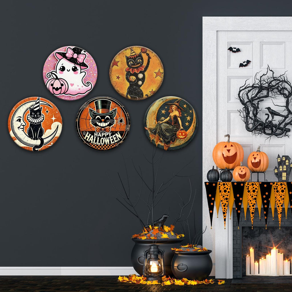 Halloween Cat & Witch Tin Coaster Set, Party Decor