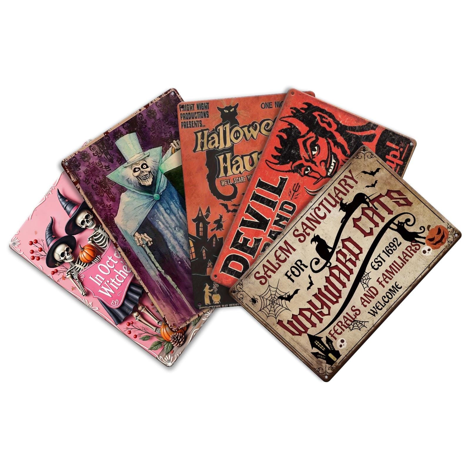 Vintage Halloween Metal Sign: Spooky Characters, Devil, Witch