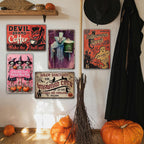 Vintage Halloween Metal Sign: Spooky Characters, Devil, Witch