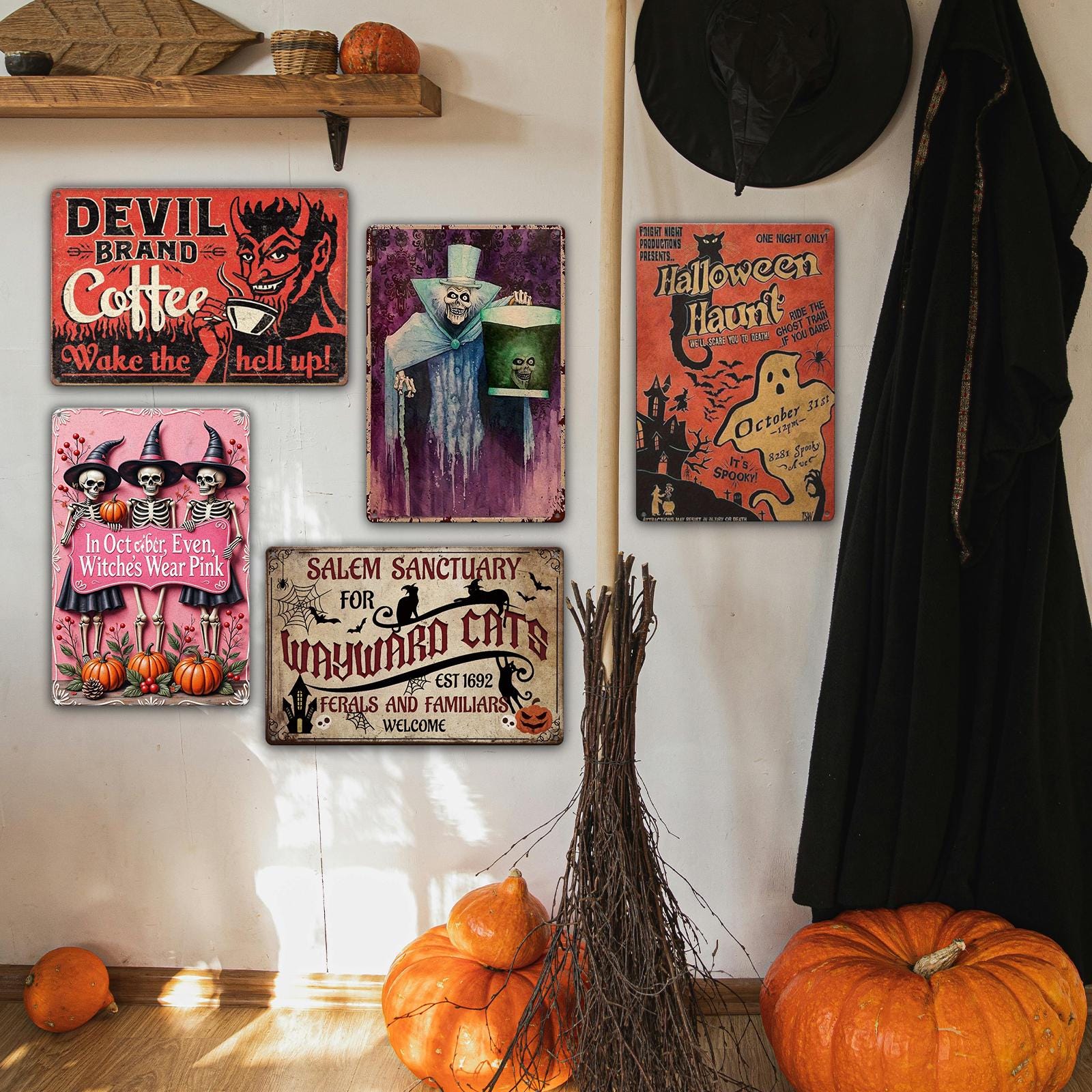 Vintage Halloween Metal Sign: Spooky Characters, Devil, Witch