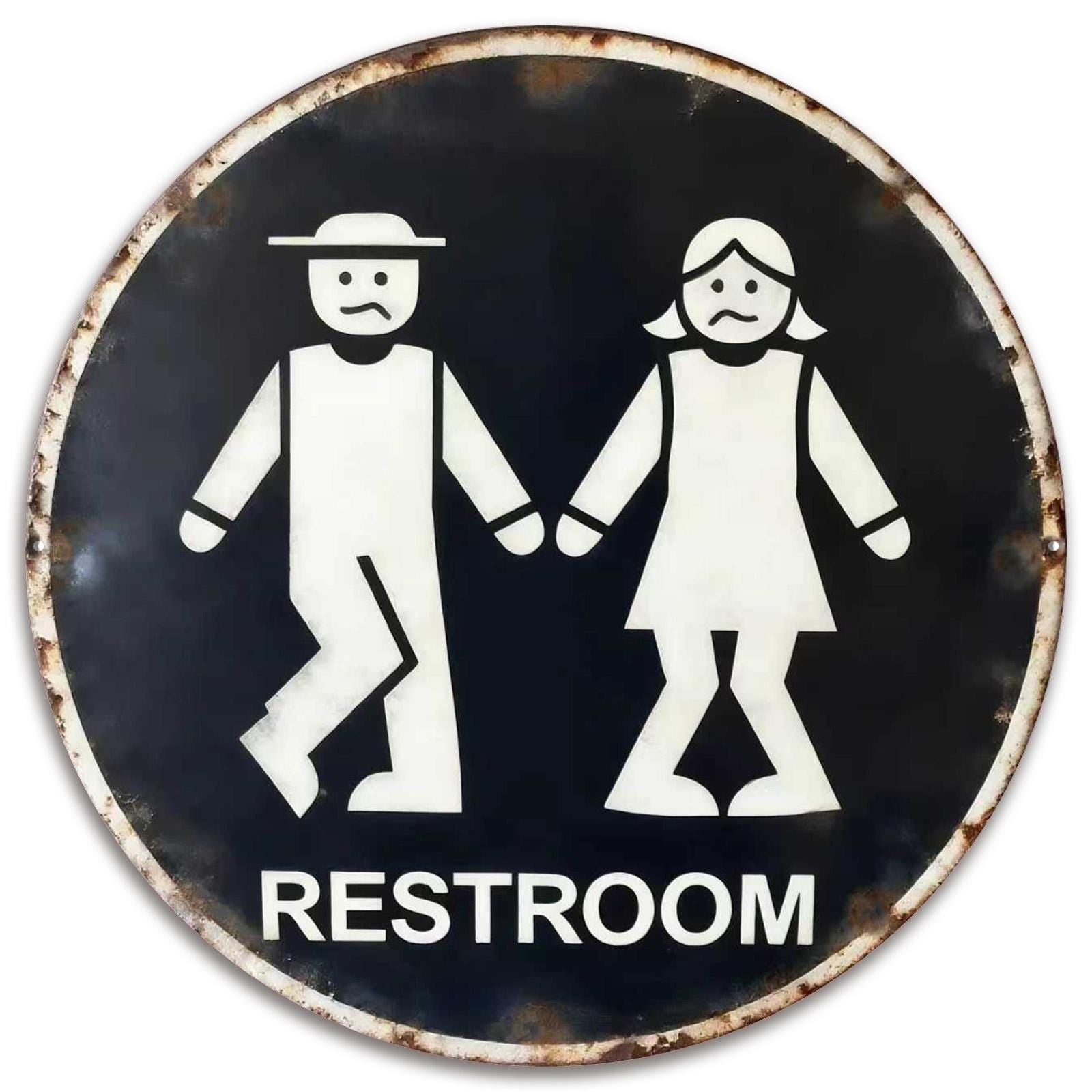 Retro Restroom Sign: Round Metal Tin, Vintage Style - 8x8
