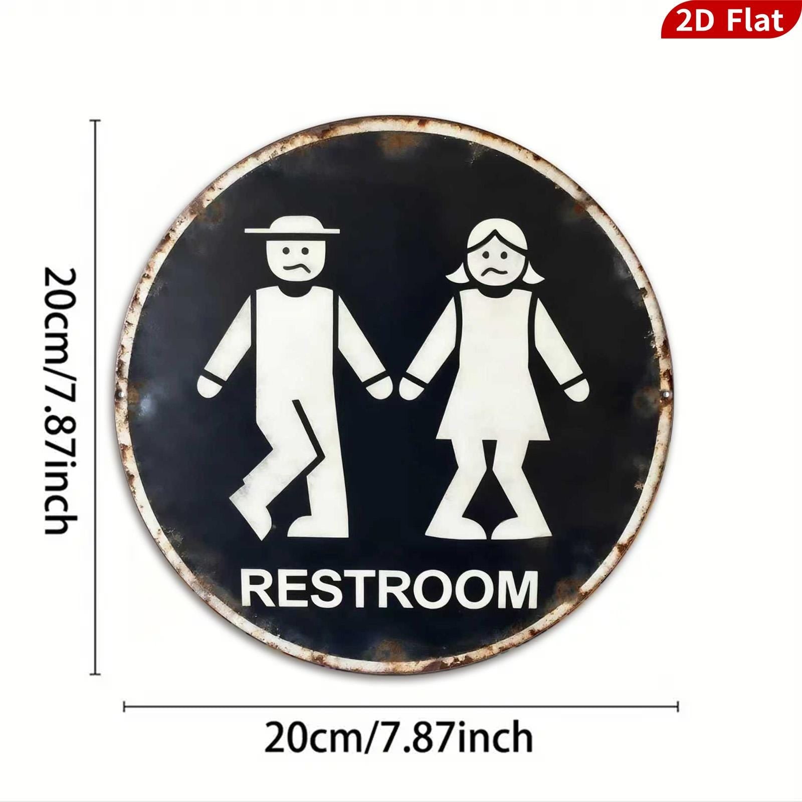 Retro Restroom Sign: Round Metal Tin, Vintage Style - 8x8