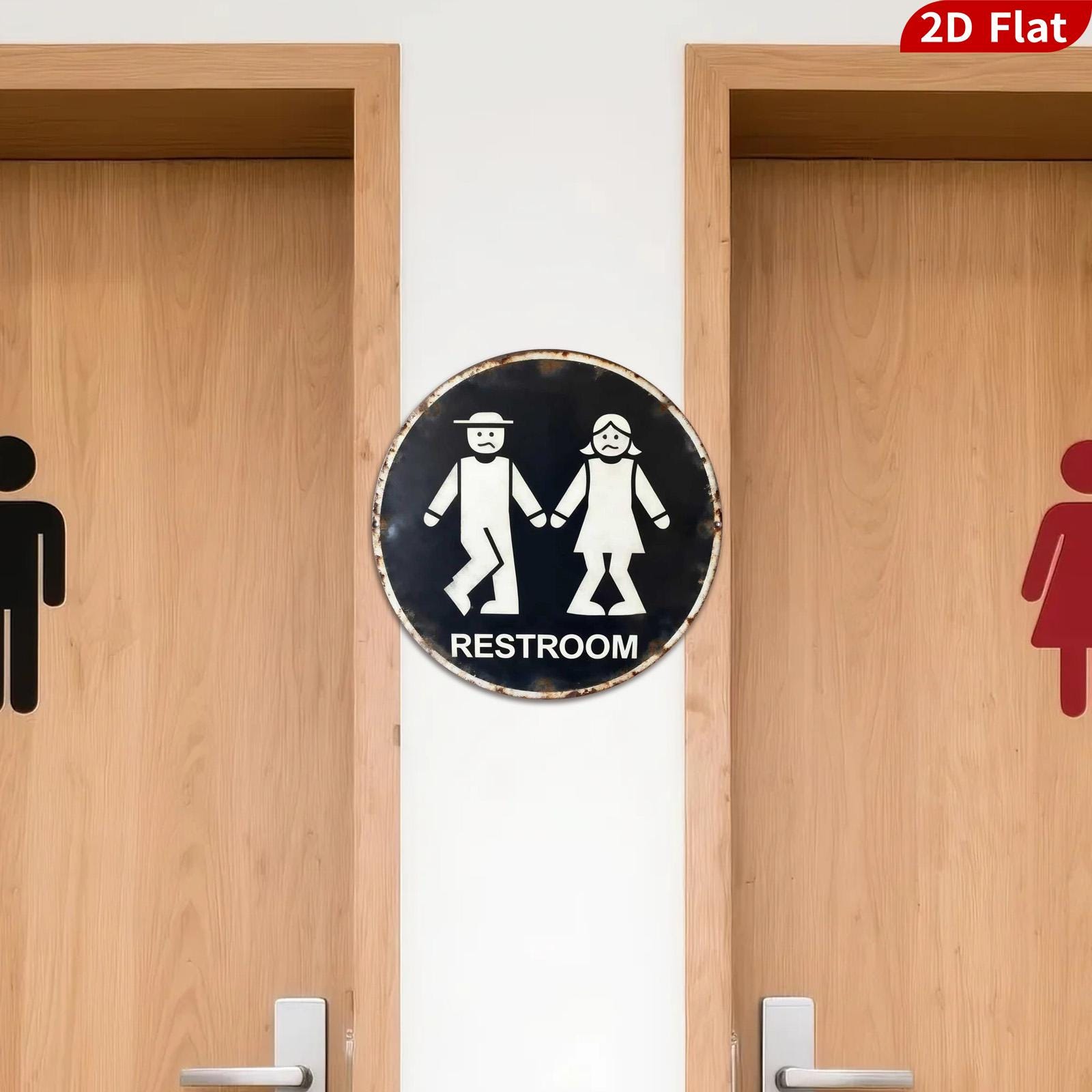 Retro Restroom Sign: Round Metal Tin, Vintage Style - 8x8