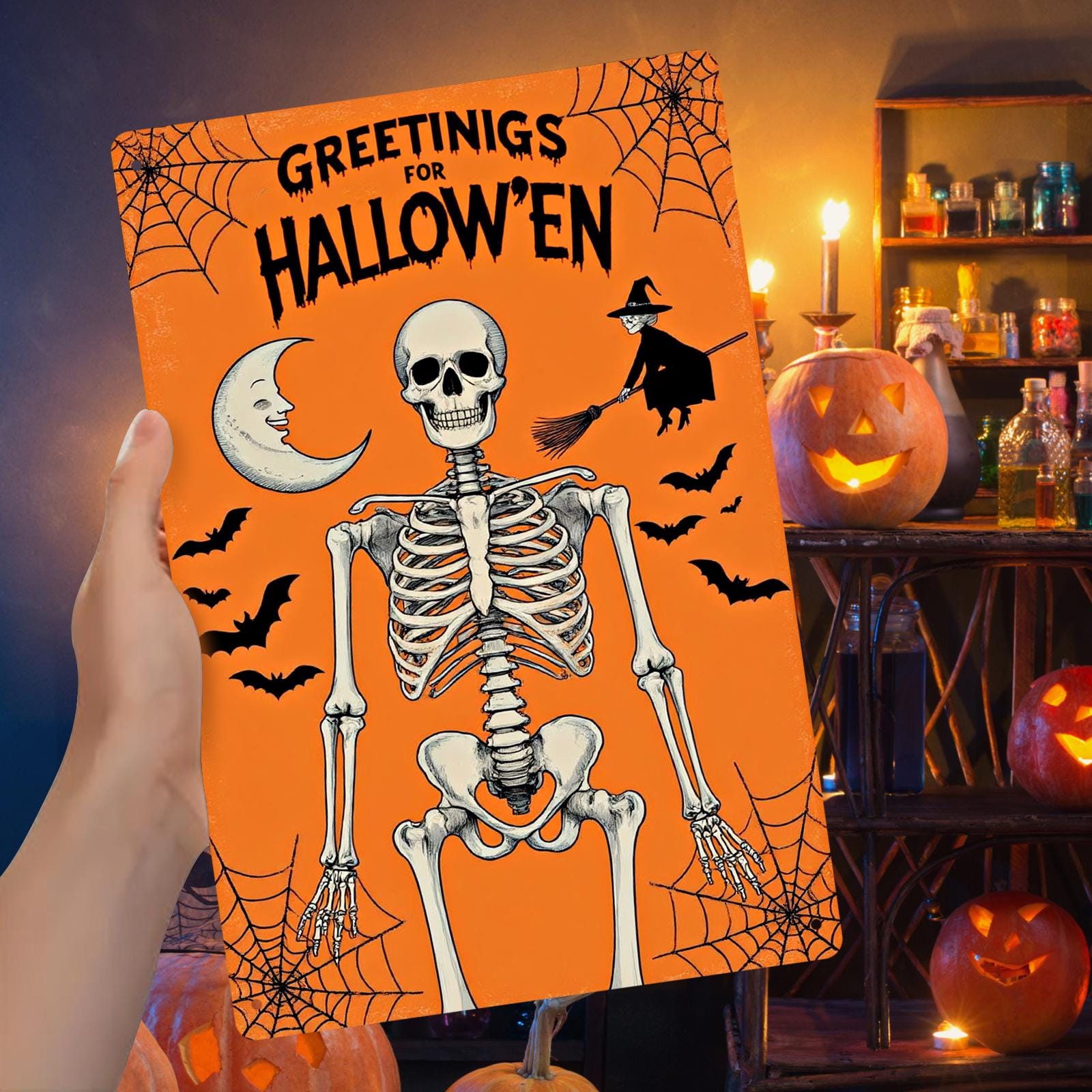 Vintage Halloween Metal Sign: Witch, Bat, Spider Web Decor