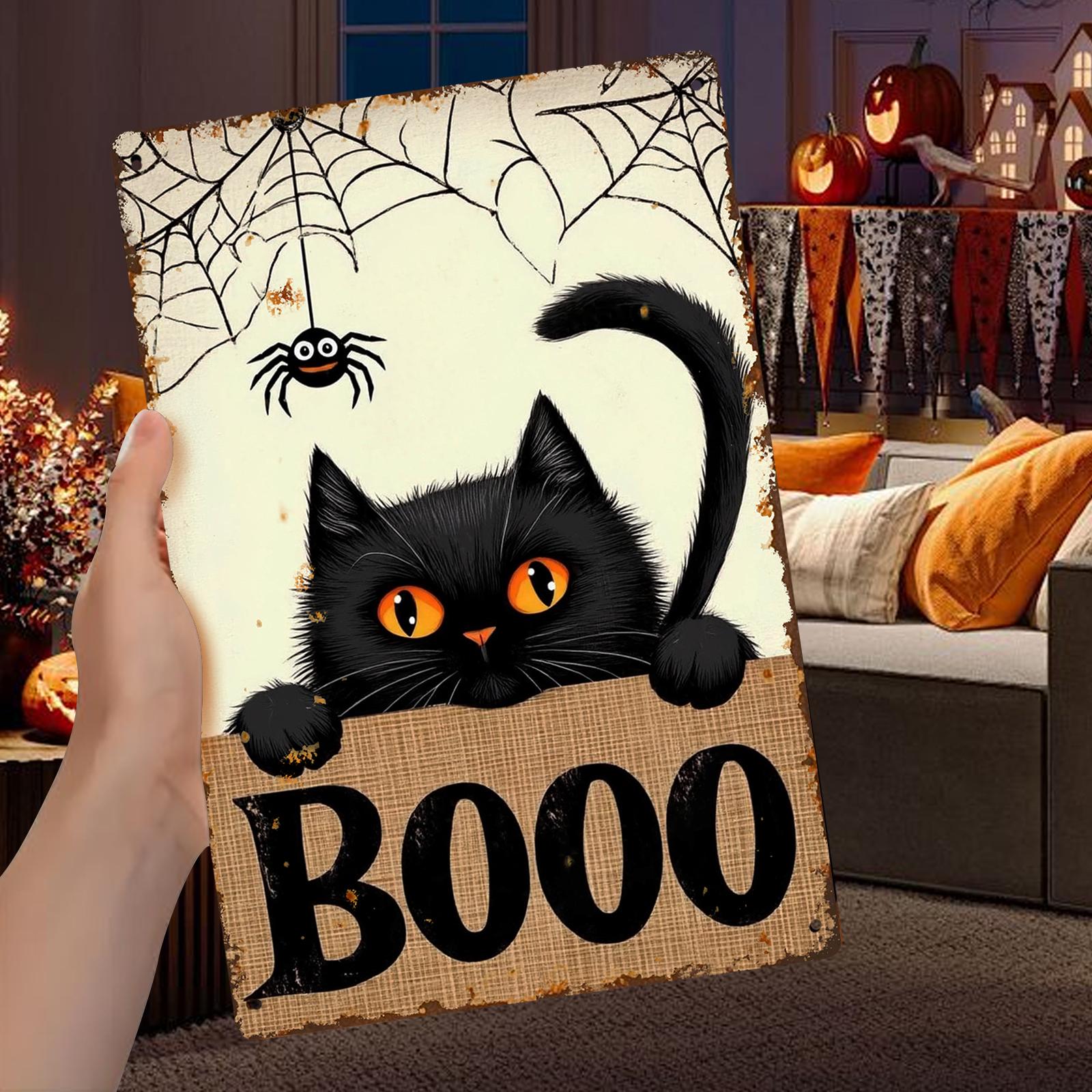 Vintage Halloween Metal Sign: Black Cat, Spider Web, Retro BOO Decor