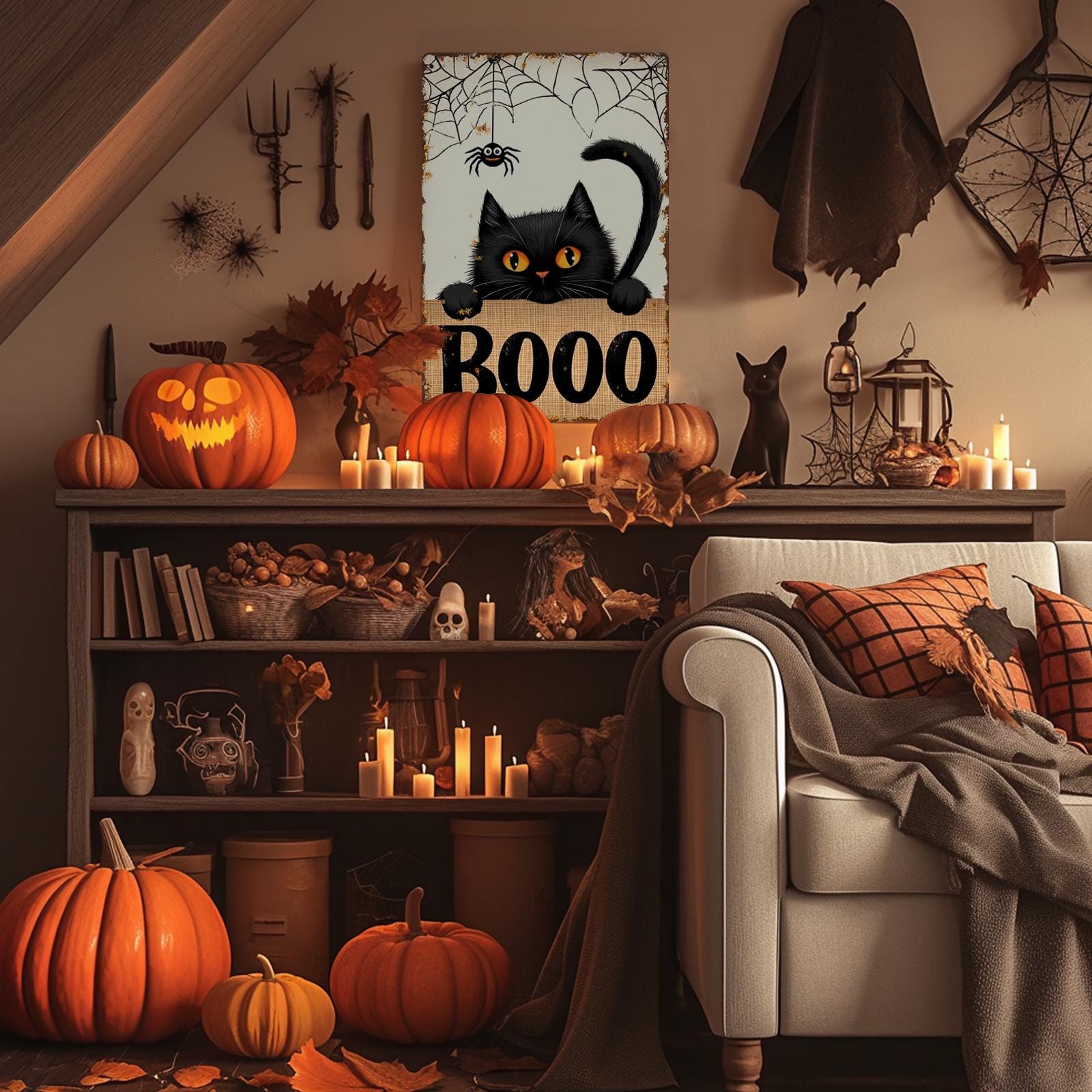 Vintage Halloween Metal Sign: Black Cat, Spider Web, Retro BOO Decor