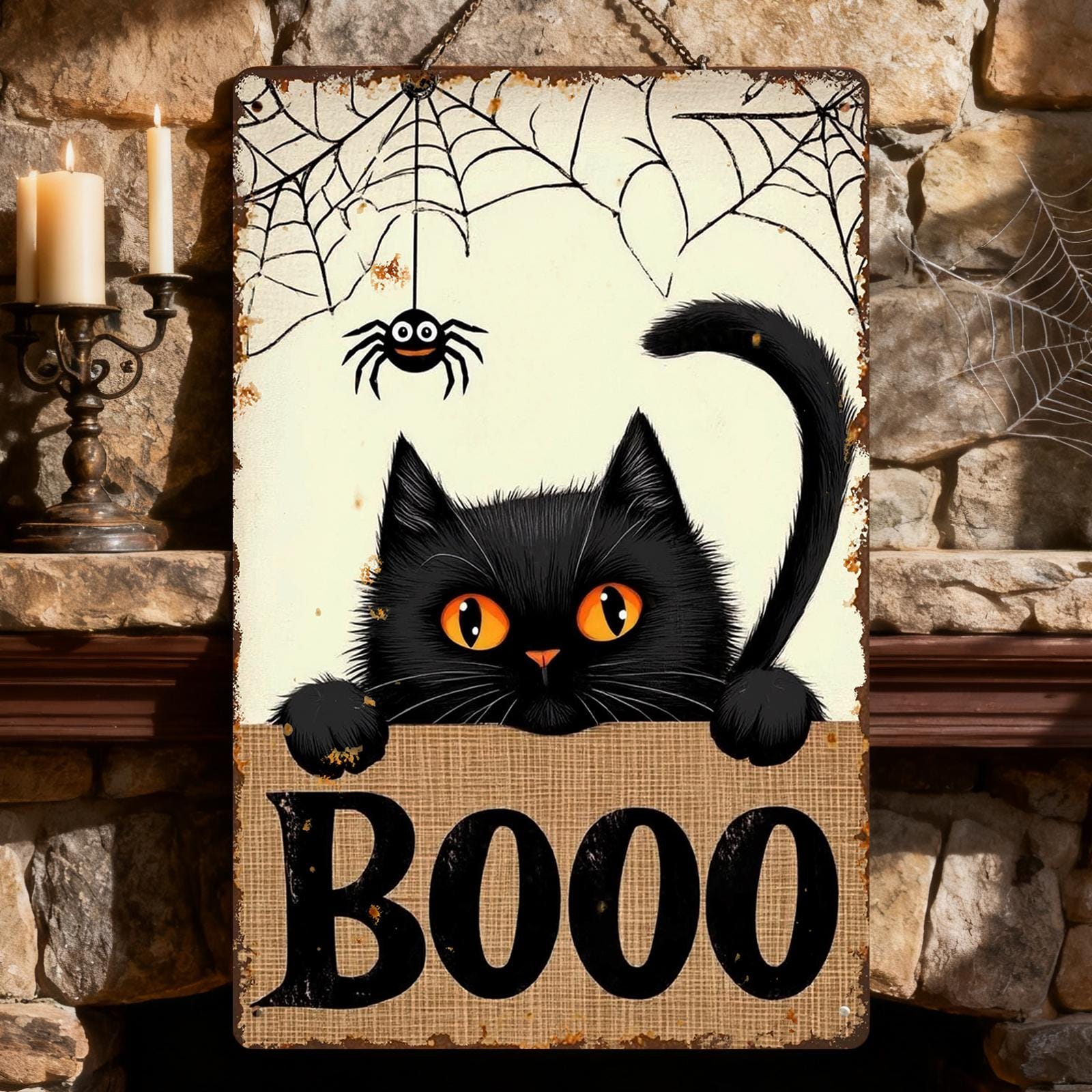 Vintage Halloween Metal Sign: Black Cat, Spider Web, Retro BOO Decor