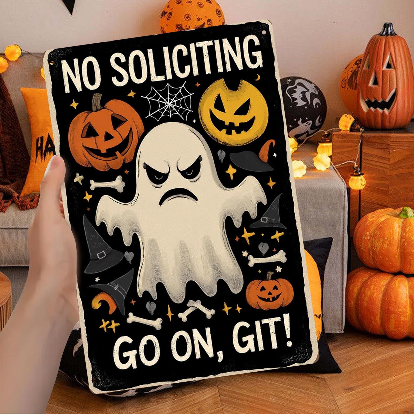 Funny Halloween Ghost Metal Sign: 'Go On, Git!' Porch Decor