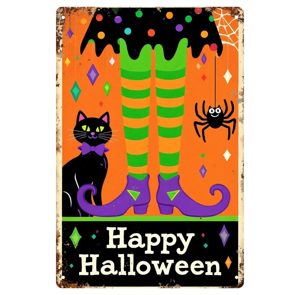 Halloween Witch Legs Metal Sign: Black Cat, Spider, Retro Porch Decor
