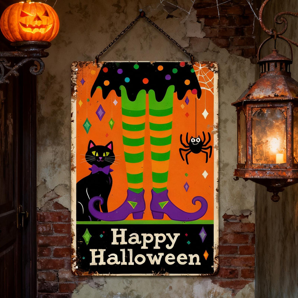 Halloween Witch Legs Metal Sign: Black Cat, Spider, Retro Porch Decor