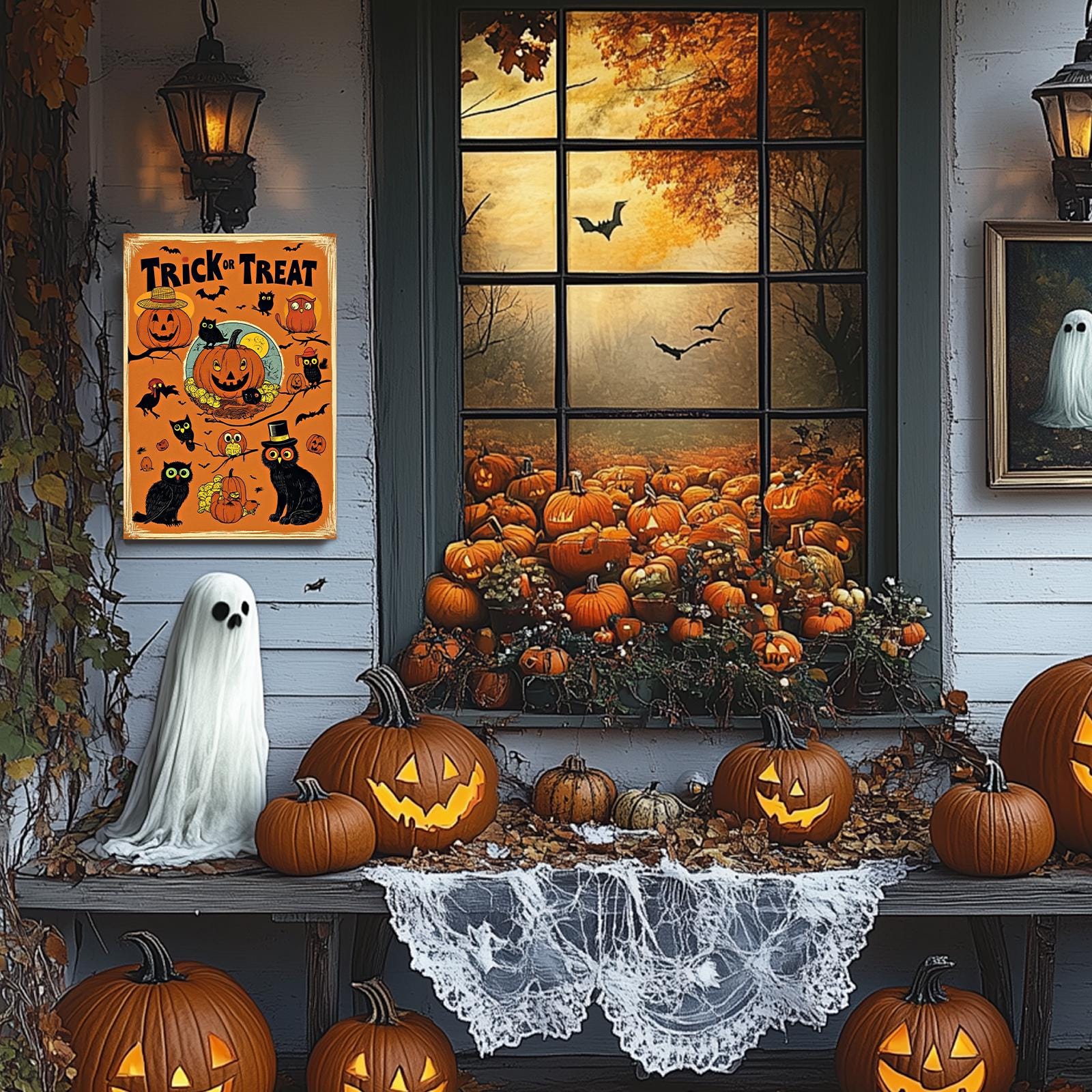 Trick or Treat Metal Sign - Vintage Halloween Owls & Pumpkins, Retro Porch Wall Decor