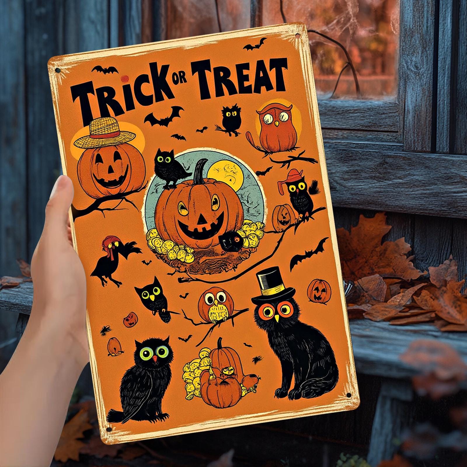 Trick or Treat Metal Sign - Vintage Halloween Owls & Pumpkins, Retro Porch Wall Decor