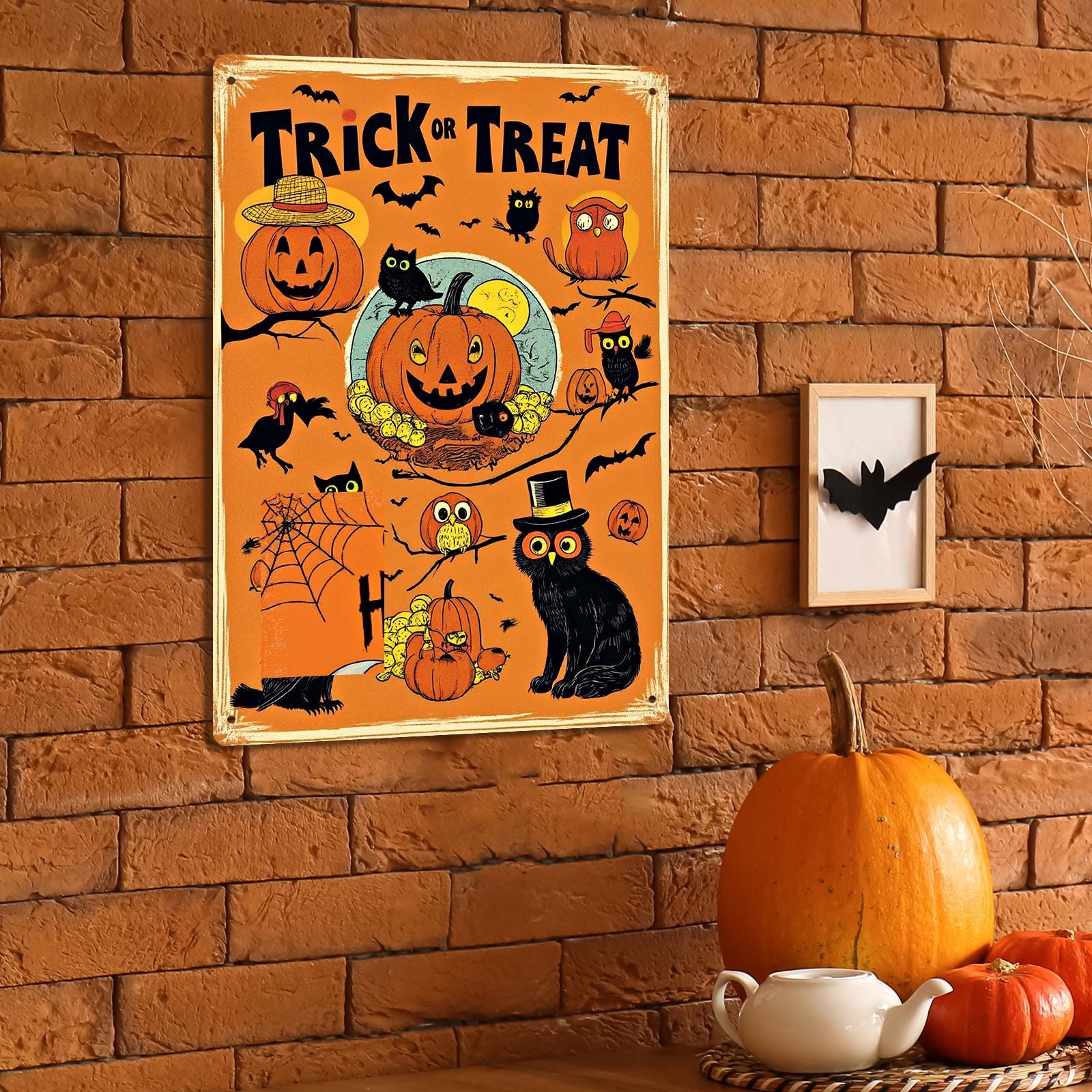 Trick or Treat Metal Sign - Vintage Halloween Owls & Pumpkins, Retro Porch Wall Decor