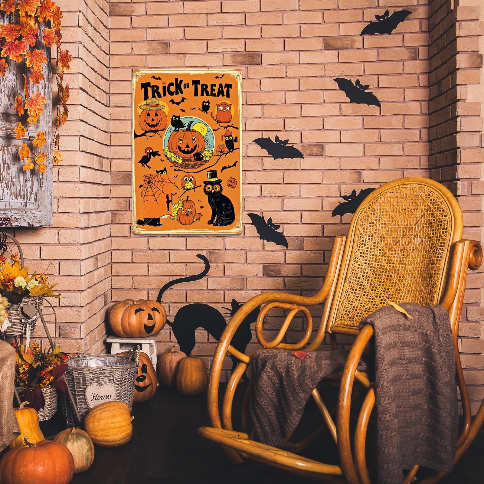 Trick or Treat Metal Sign - Vintage Halloween Owls & Pumpkins, Retro Porch Wall Decor