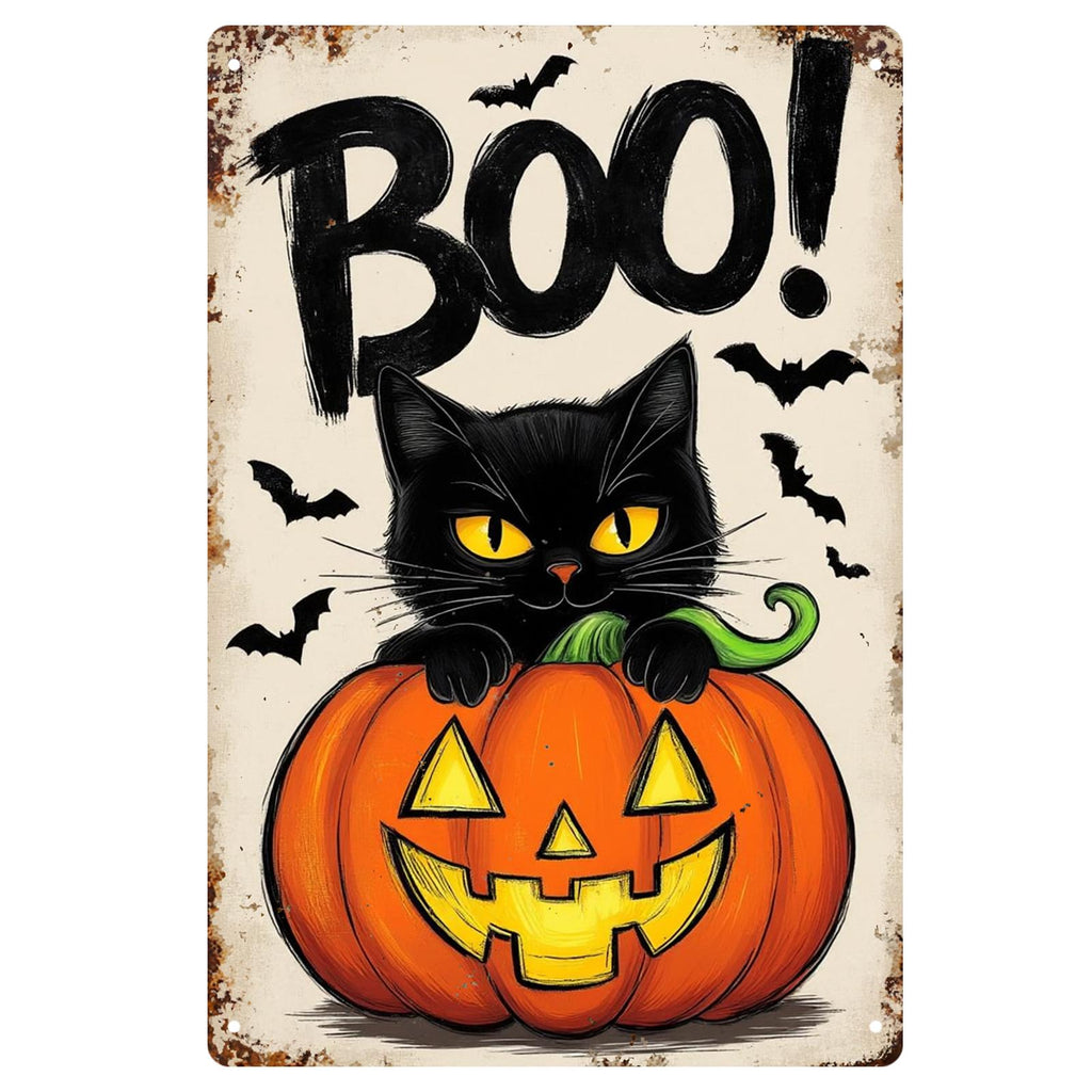 Black Cat Pumpkin Metal Sign: Halloween Jack-O'-Lantern Porch Decor