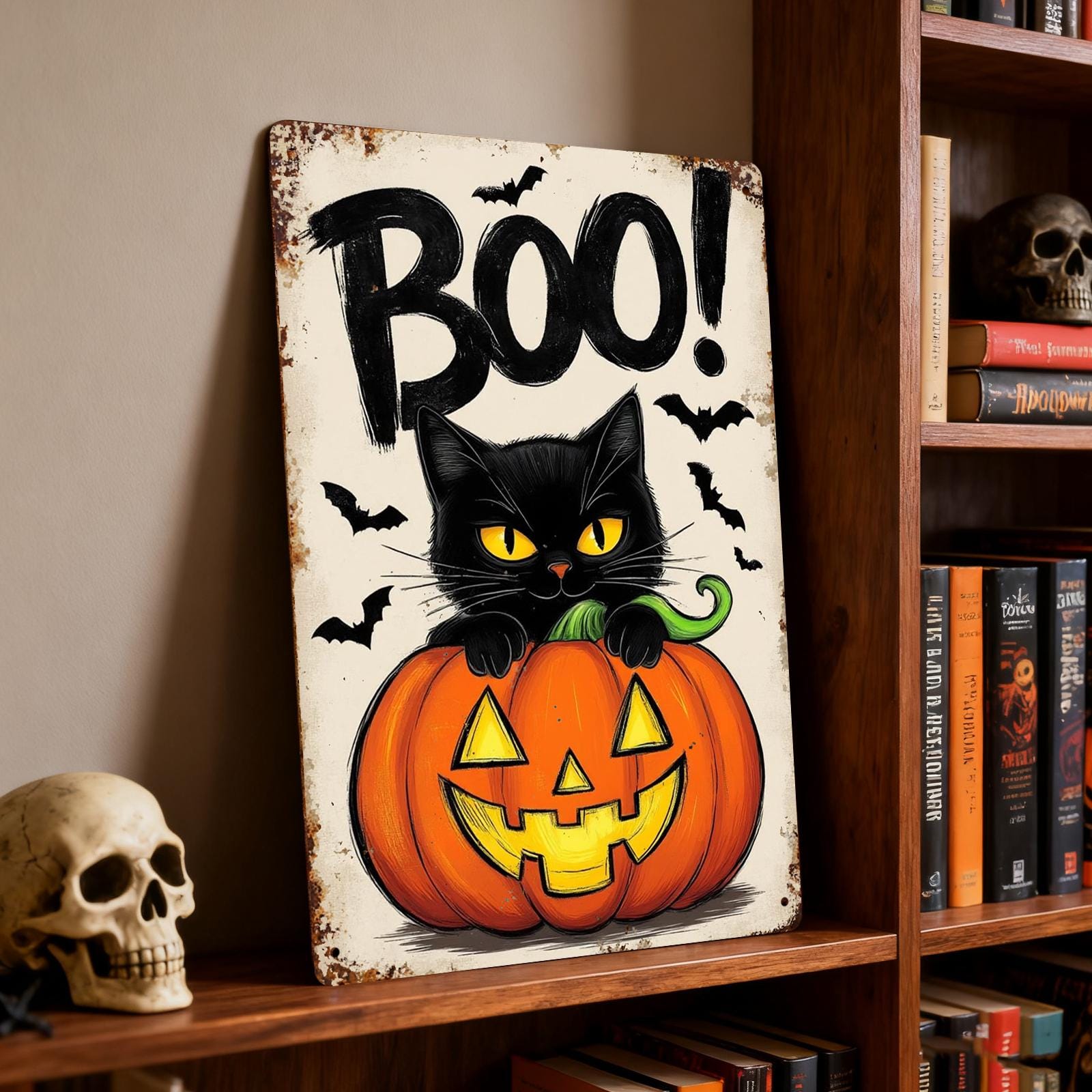 Black Cat Pumpkin Metal Sign: Halloween Jack-O'-Lantern Porch Decor