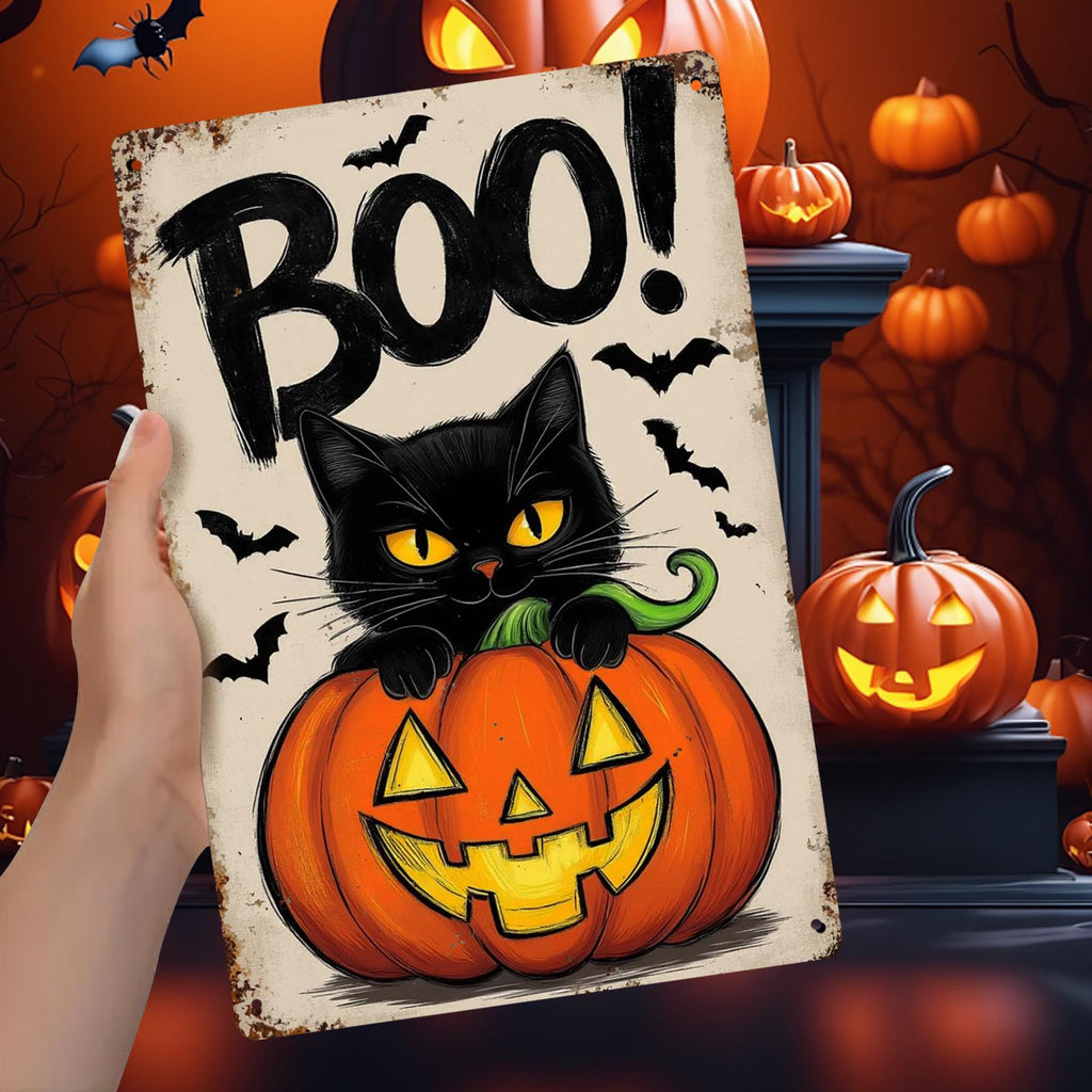Black Cat Pumpkin Metal Sign: Halloween Jack-O'-Lantern Porch Decor
