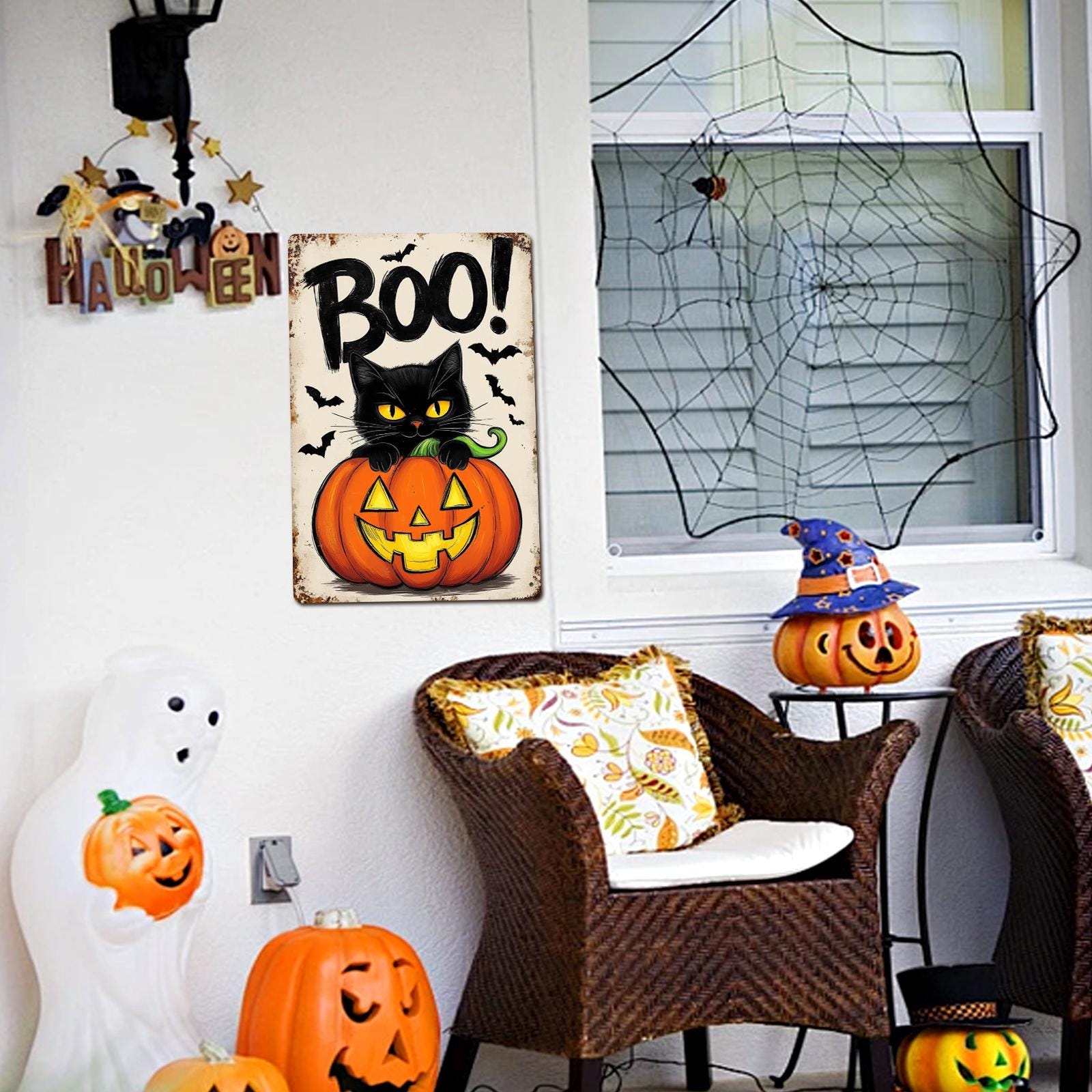 Black Cat Pumpkin Metal Sign: Halloween Jack-O'-Lantern Porch Decor
