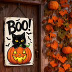 Schwarze Katze Kürbis Metallschild | Halloween Jack-O'-Lantern Veranda Deko