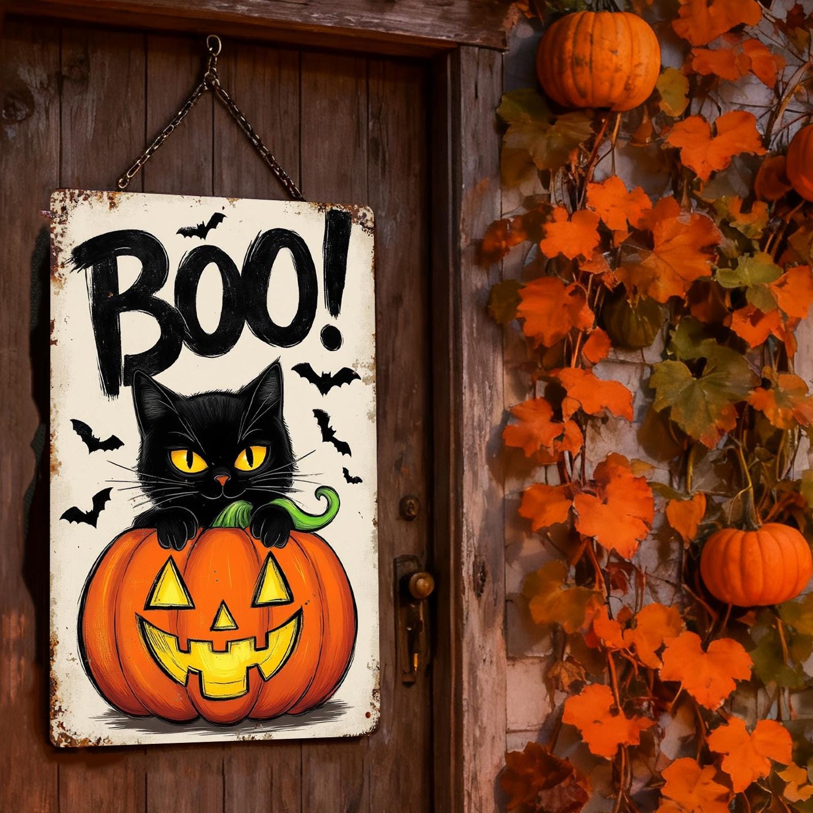 Black Cat Pumpkin Metal Sign: Halloween Jack-O'-Lantern Porch Decor