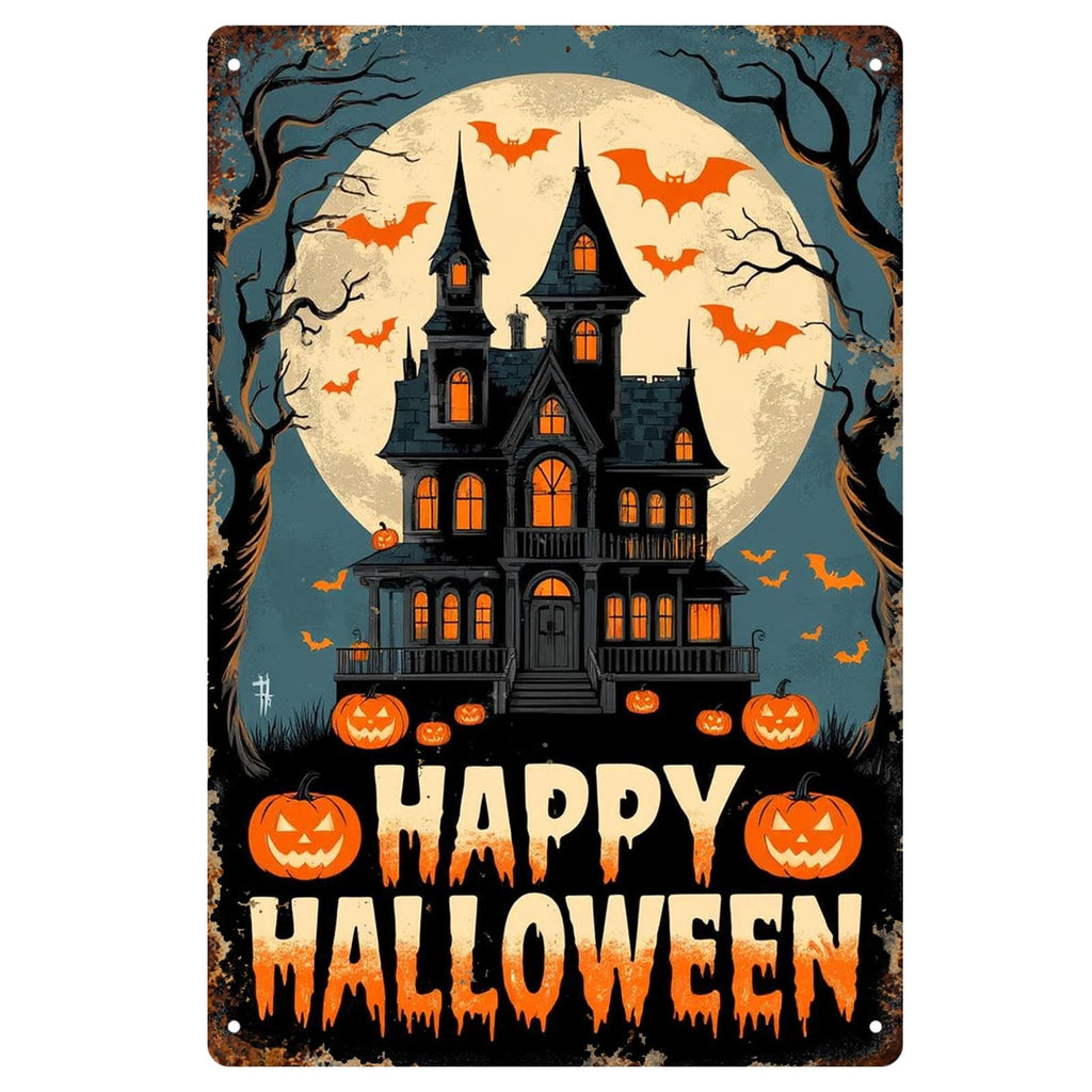Happy Halloween Geisterhaus Metallschild | Spukvilla & Kürbisse Veranda Dekoration Vintage…