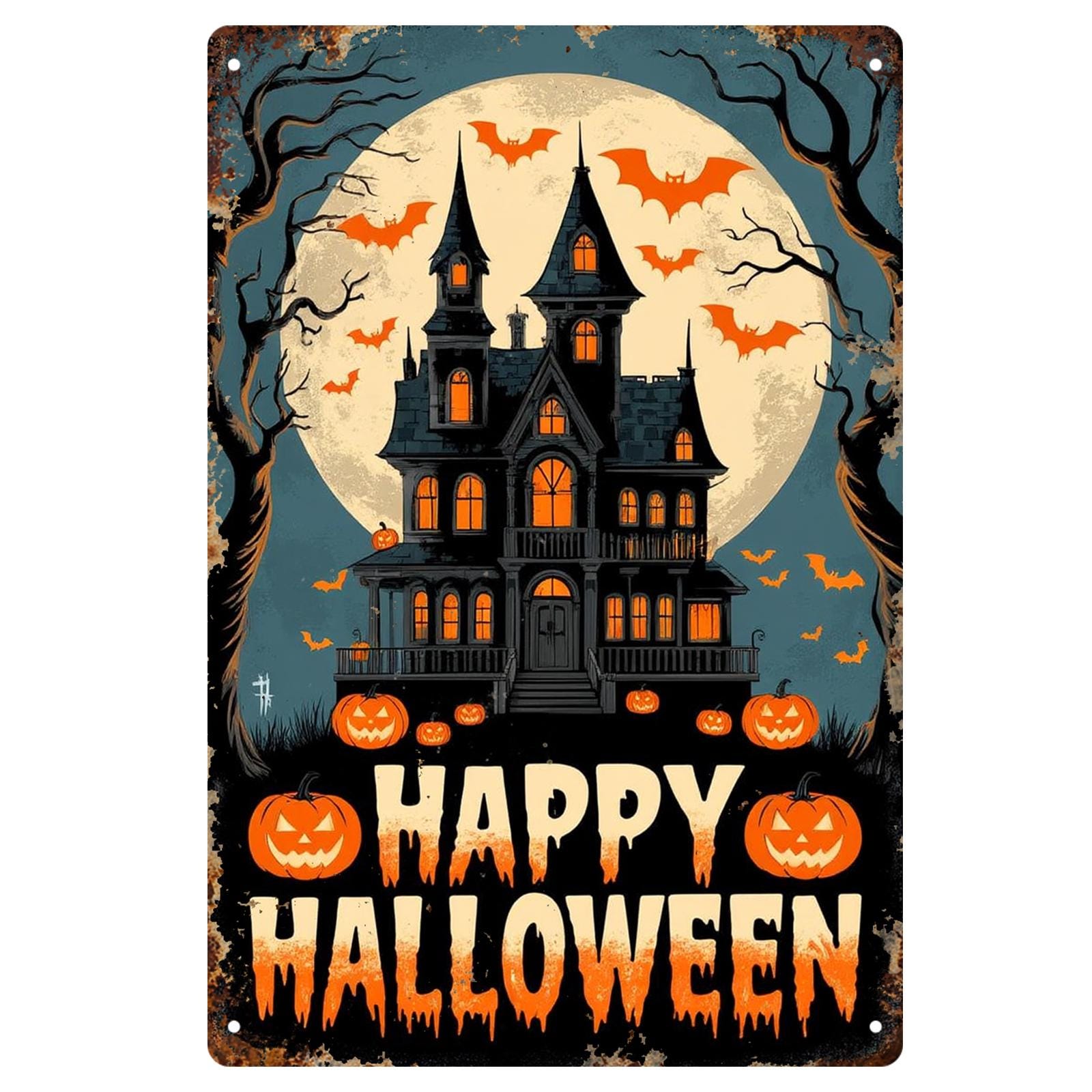 Happy Halloween Haunted House Metal Sign - Spooky Mansion & Pumpkins Porch Decor, Vintage Wall Art