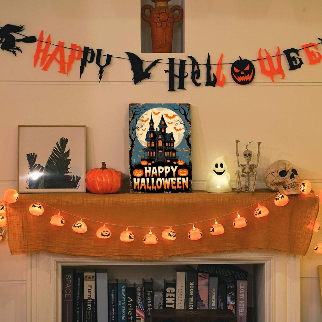 Happy Halloween Geisterhaus Metallschild | Spukvilla & Kürbisse Veranda Dekoration Vintage…