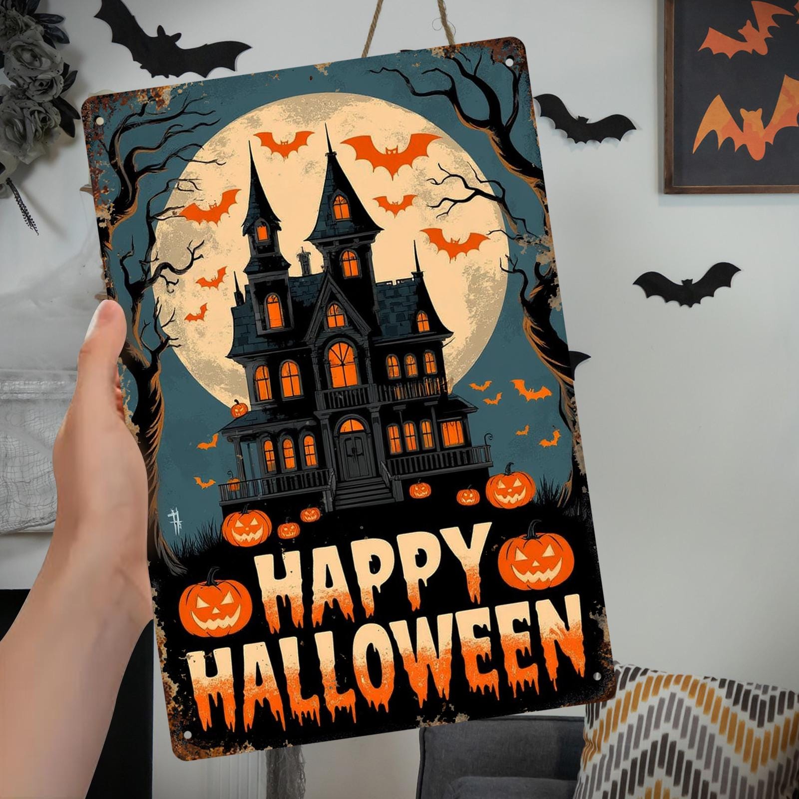 Happy Halloween Haunted House Metal Sign - Spooky Mansion & Pumpkins Porch Decor, Vintage Wall Art