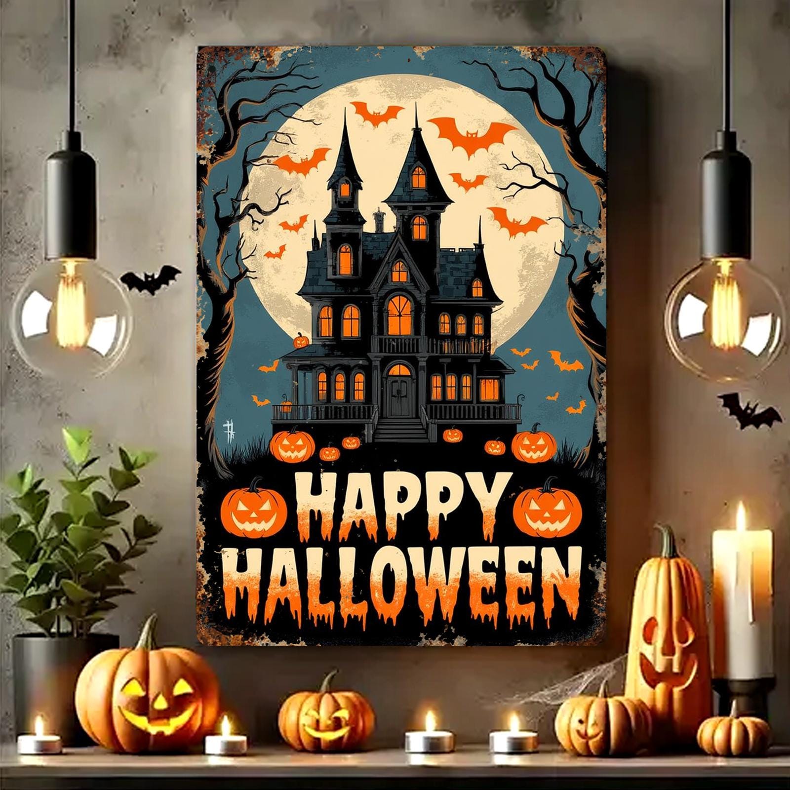 Happy Halloween Haunted House Metal Sign - Spooky Mansion & Pumpkins Porch Decor, Vintage Wall Art