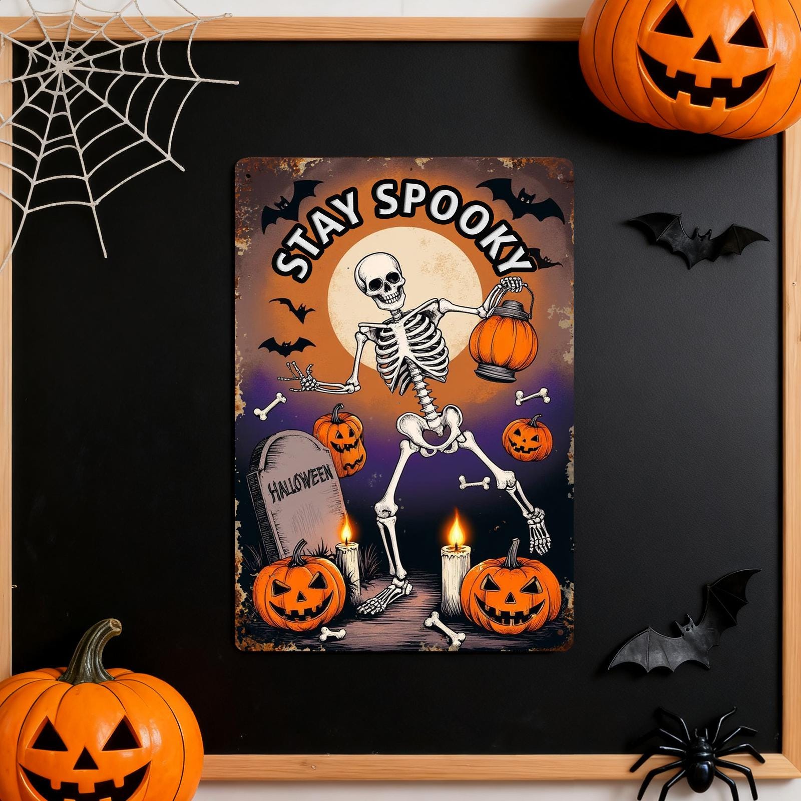 Stay Spooky Skeleton Metal Sign - Halloween Pumpkin Lantern Porch Decor, Vintage Spooky Wall Art