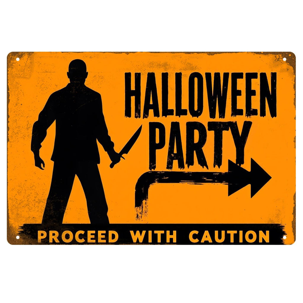 Halloween Party Metal Sign - Proceed With Caution, Scary Silhouette Knife Horror Porch Decor