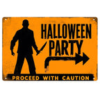 Halloween Party Blechschild | Vorsicht, gruselige Silhouette Messer Horror Veranda…