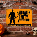 Halloween Party Blechschild | Vorsicht, gruselige Silhouette Messer Horror Veranda…
