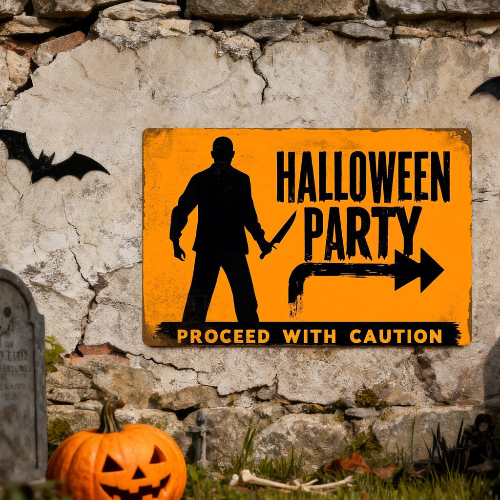 Halloween Party Metal Sign - Proceed With Caution, Scary Silhouette Knife Horror Porch Decor