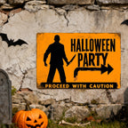 Halloween Party Blechschild | Vorsicht, gruselige Silhouette Messer Horror Veranda…