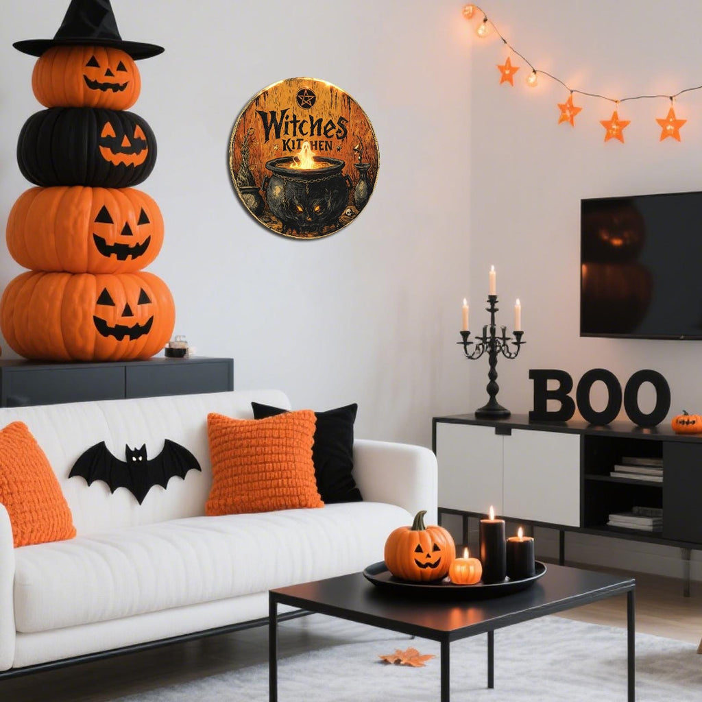 Witch's Kitchen Metal Sign: Cauldron & Ghost Flame Halloween Decor