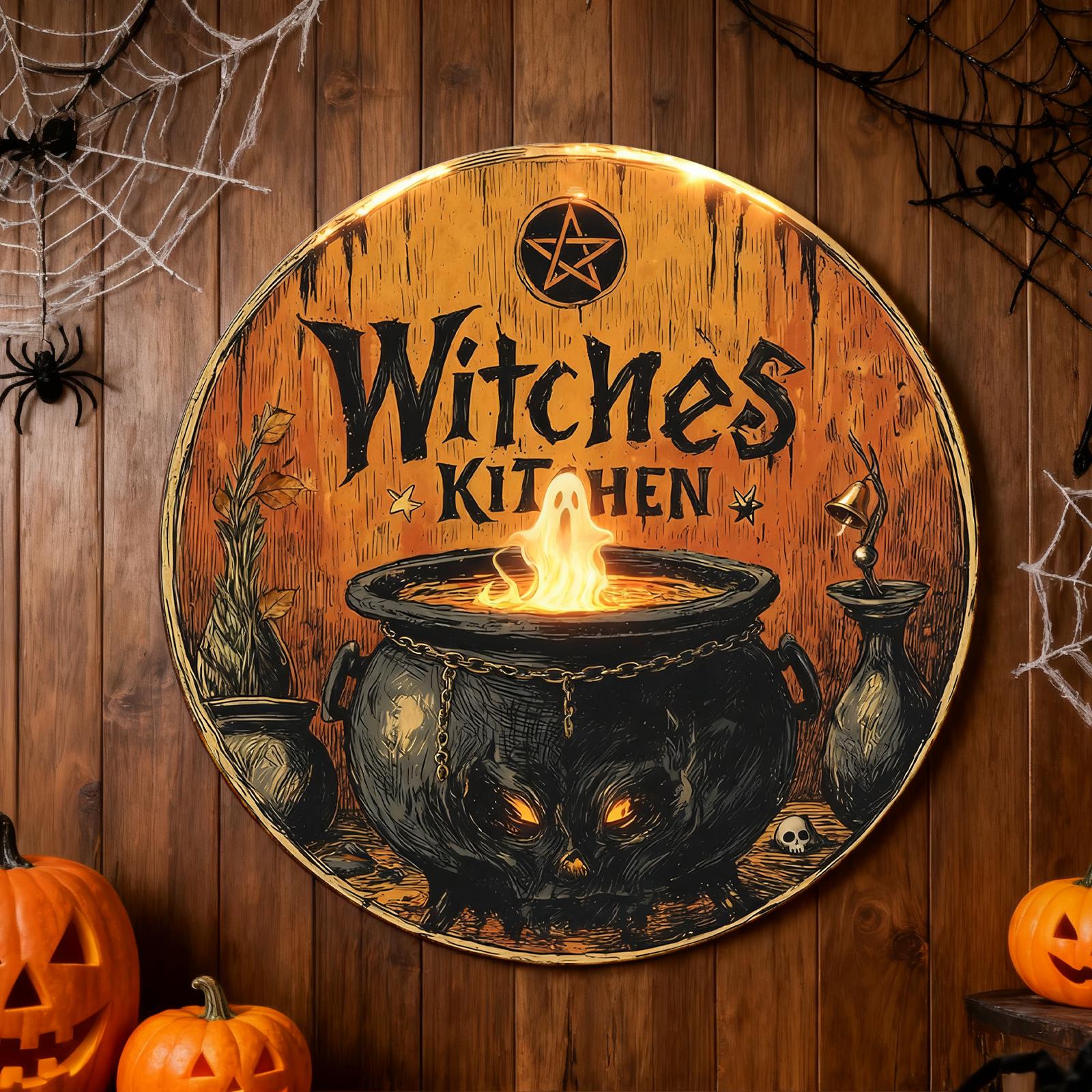 Witch's Kitchen Metal Sign: Cauldron & Ghost Flame Halloween Decor