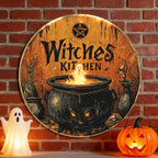 Witch's Kitchen Metal Sign: Cauldron & Ghost Flame Halloween Decor