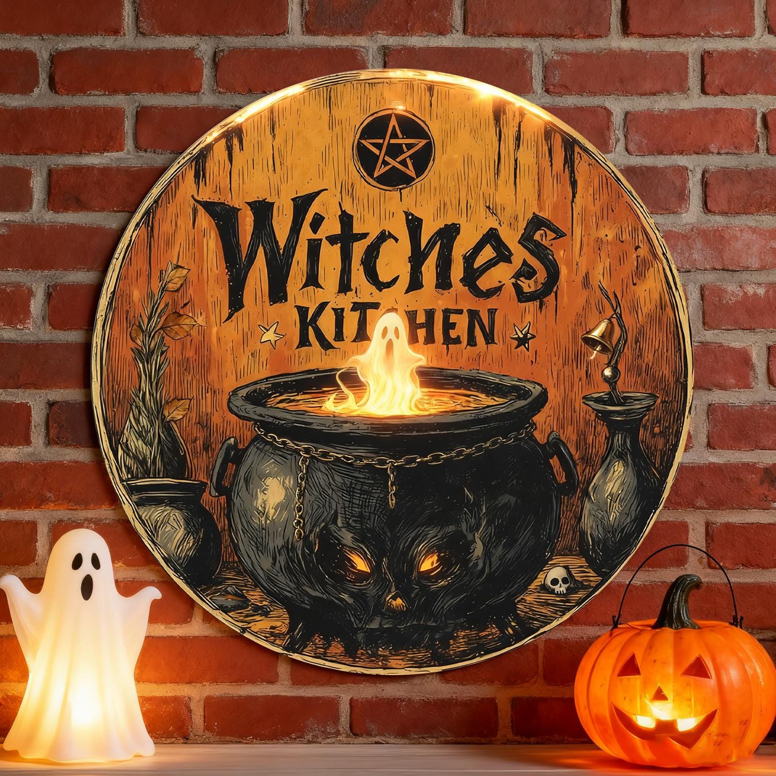 Witch's Kitchen Metal Sign: Cauldron & Ghost Flame Halloween Decor