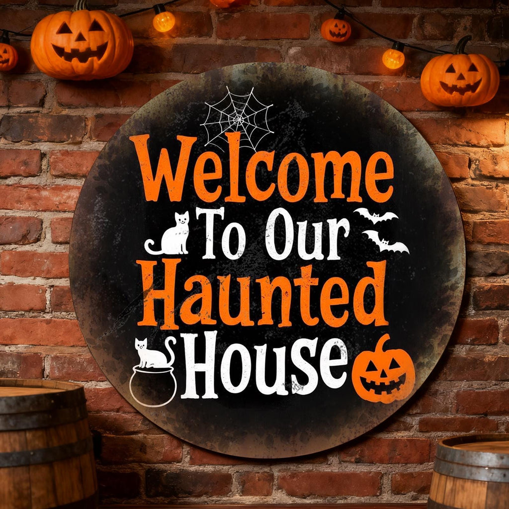 Plaque métallique maison hantée | Décoration rétro d'Halloween pour porche